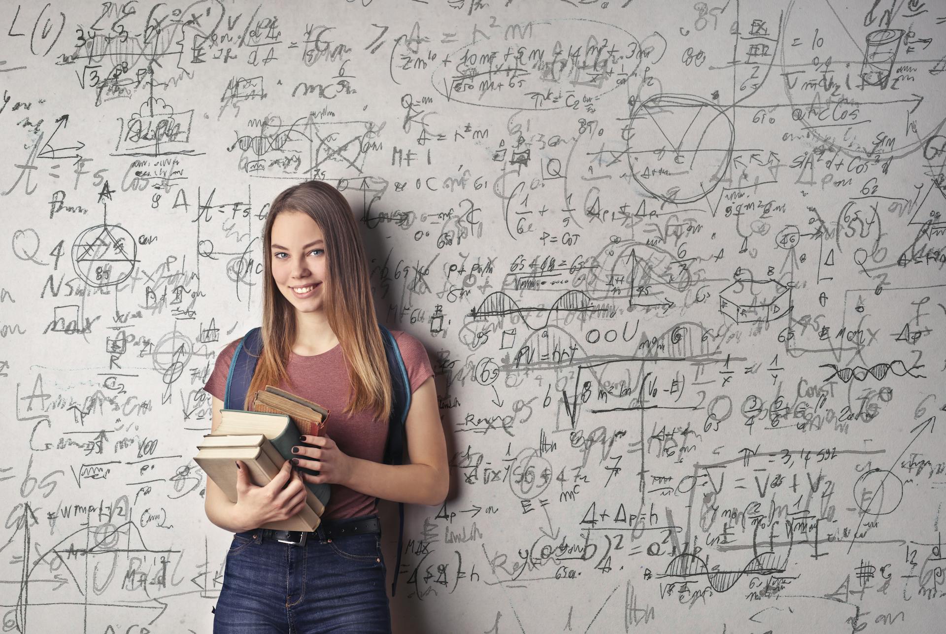 Confident young woman standing in front of chaotic math formulas—symbolizing the balance between data complexity and clarity in ecommerce conversion rate optimization