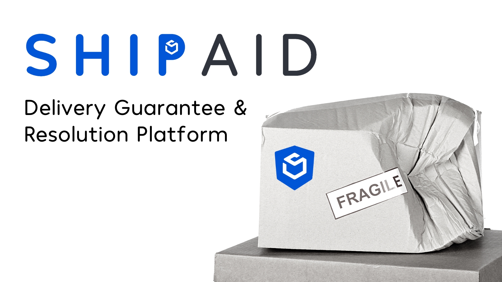 hipAid delivery guarantee and resolution platform logo with a damaged package labeled ‘Fragile,’ representing ecommerce shipping insurance and lost or damaged parcel protection.